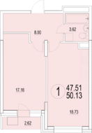 ЖК «Солнечная долина», планировка 1-комнатной квартиры, 50.13 м²