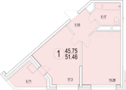 ЖК «Солнечная долина», планировка 1-комнатной квартиры, 51.46 м²