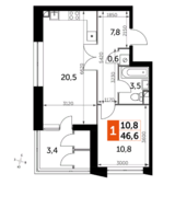 ЖК «Sky Garden», планировка 1-комнатной квартиры, 46.60 м²