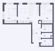 ЖК «Малоохтинский, 68», планировка 2-комнатной квартиры, 64.00 м²