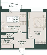 ЖК «Тандем», планировка 1-комнатной квартиры, 45.50 м²