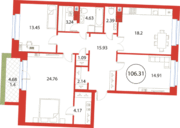 ЖК «Ariosto!», планировка 3-комнатной квартиры, 106.31 м²