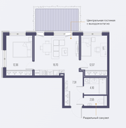 ЖК «Малоохтинский, 68», планировка 2-комнатной квартиры, 57.42 м²