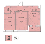 ЖК «Аквилон Park», планировка 2-комнатной квартиры, 55.10 м²