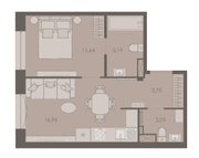 ЖК «Северная Корона (ПСК)», планировка 1-комнатной квартиры, 40.55 м²