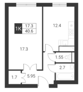 ЖК «Квартал Гальчино», планировка 1-комнатной квартиры, 40.60 м²
