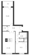 ЖК «Квартал Гальчино», планировка 2-комнатной квартиры, 63.60 м²