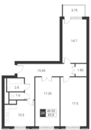 ЖК «Квартал Гальчино», планировка 3-комнатной квартиры, 83.80 м²