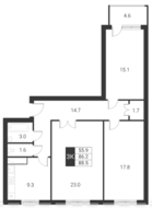 ЖК «Квартал Гальчино», планировка 3-комнатной квартиры, 88.50 м²