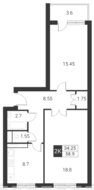 ЖК «Квартал Гальчино», планировка 2-комнатной квартиры, 58.90 м²