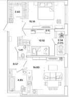 ЖК «Академик», планировка 2-комнатной квартиры, 62.77 м²